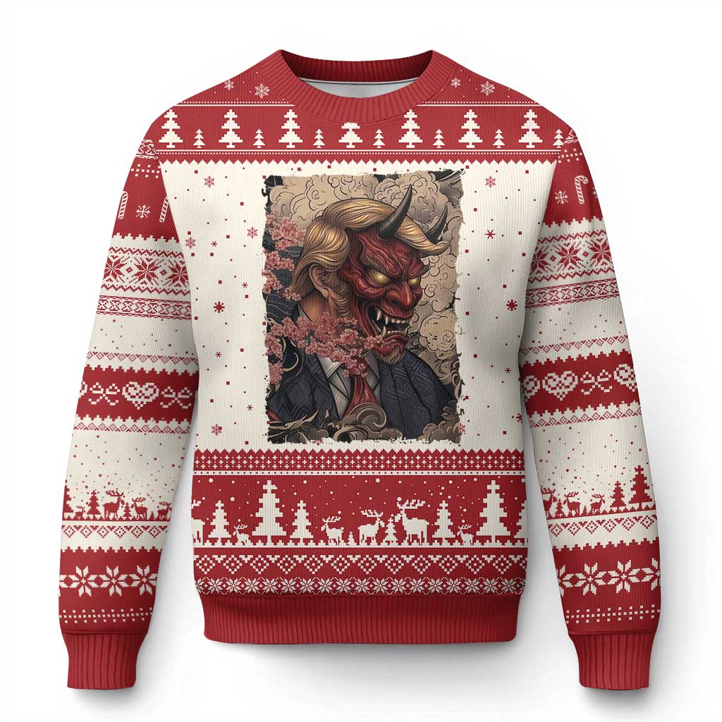 American Leader Oni Mask Japanese Ukiyoe Ugly Christmas Sweater Political Parody Graphic TS12 Beige Red Print Your Wear