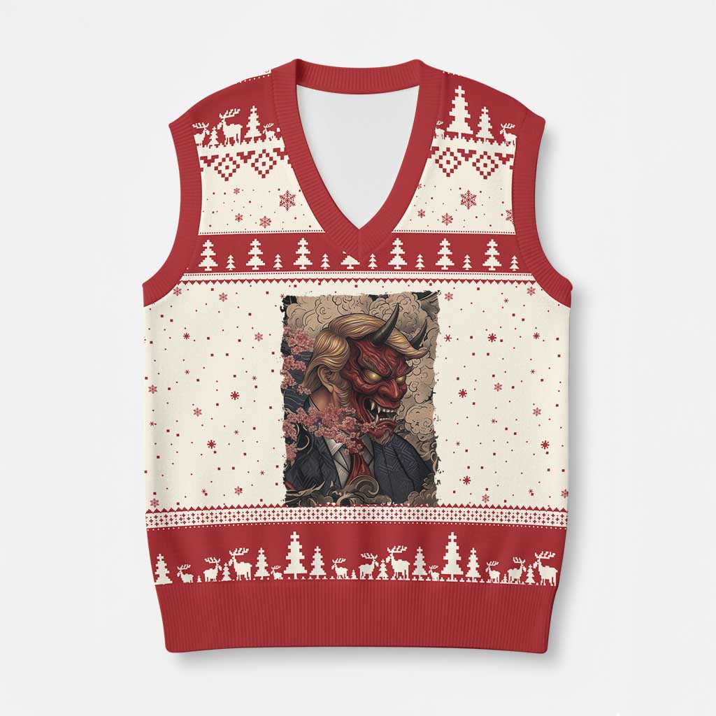 American Leader Oni Mask Japanese Ukiyoe V-Neck Knit Sweater Vest Political Parody Graphic TS12 Beige Red Print Your Wear
