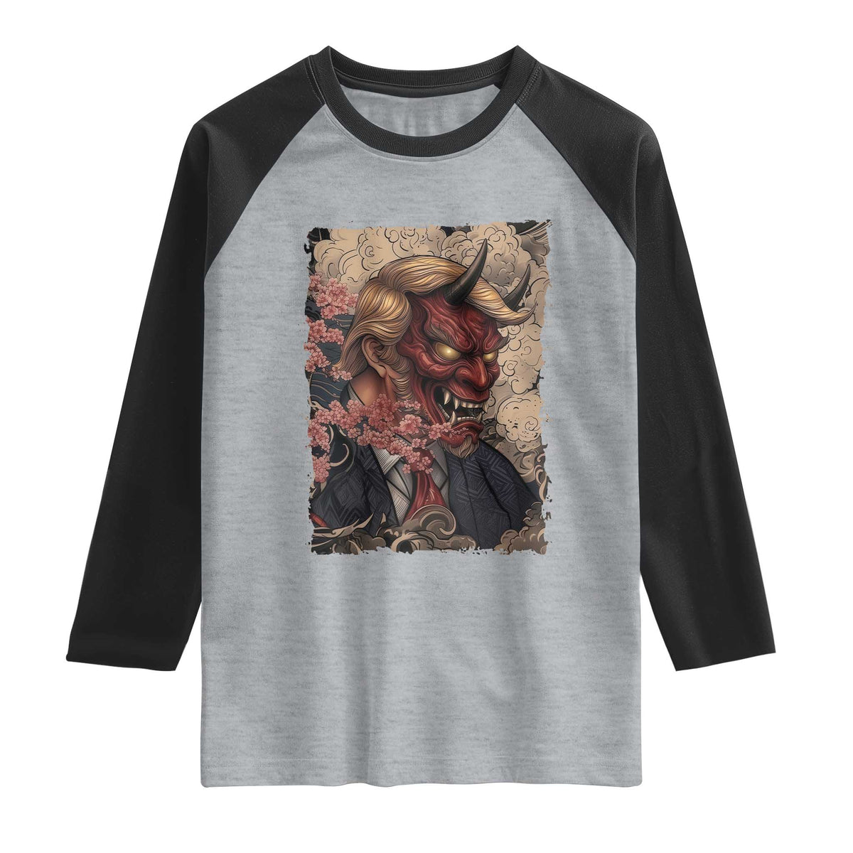 American Leader Oni Mask Japanese Ukiyoe Raglan Shirt Political Parody Graphic TS12 Heather Gray Black Print Your Wear