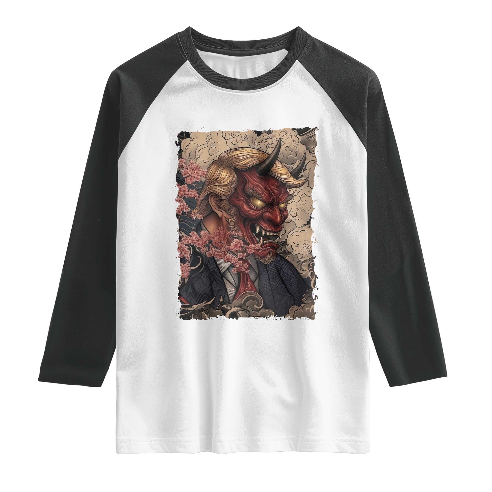 American Leader Oni Mask Japanese Ukiyoe Raglan Shirt Political Parody Graphic TS12 White Black Print Your Wear