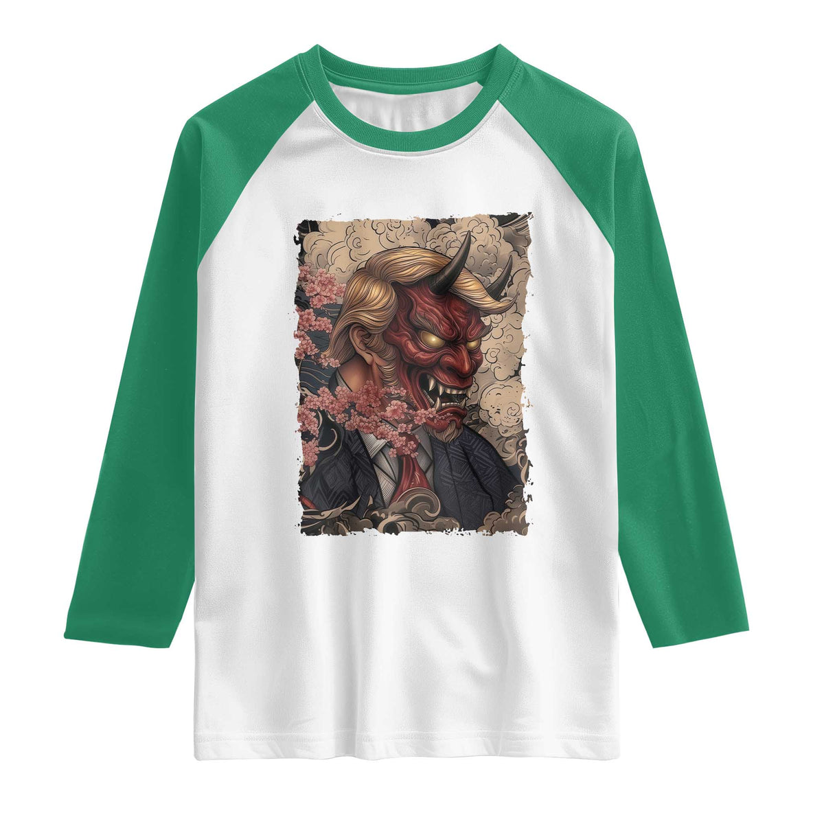 American Leader Oni Mask Japanese Ukiyoe Raglan Shirt Political Parody Graphic TS12 White Kelly Green Print Your Wear