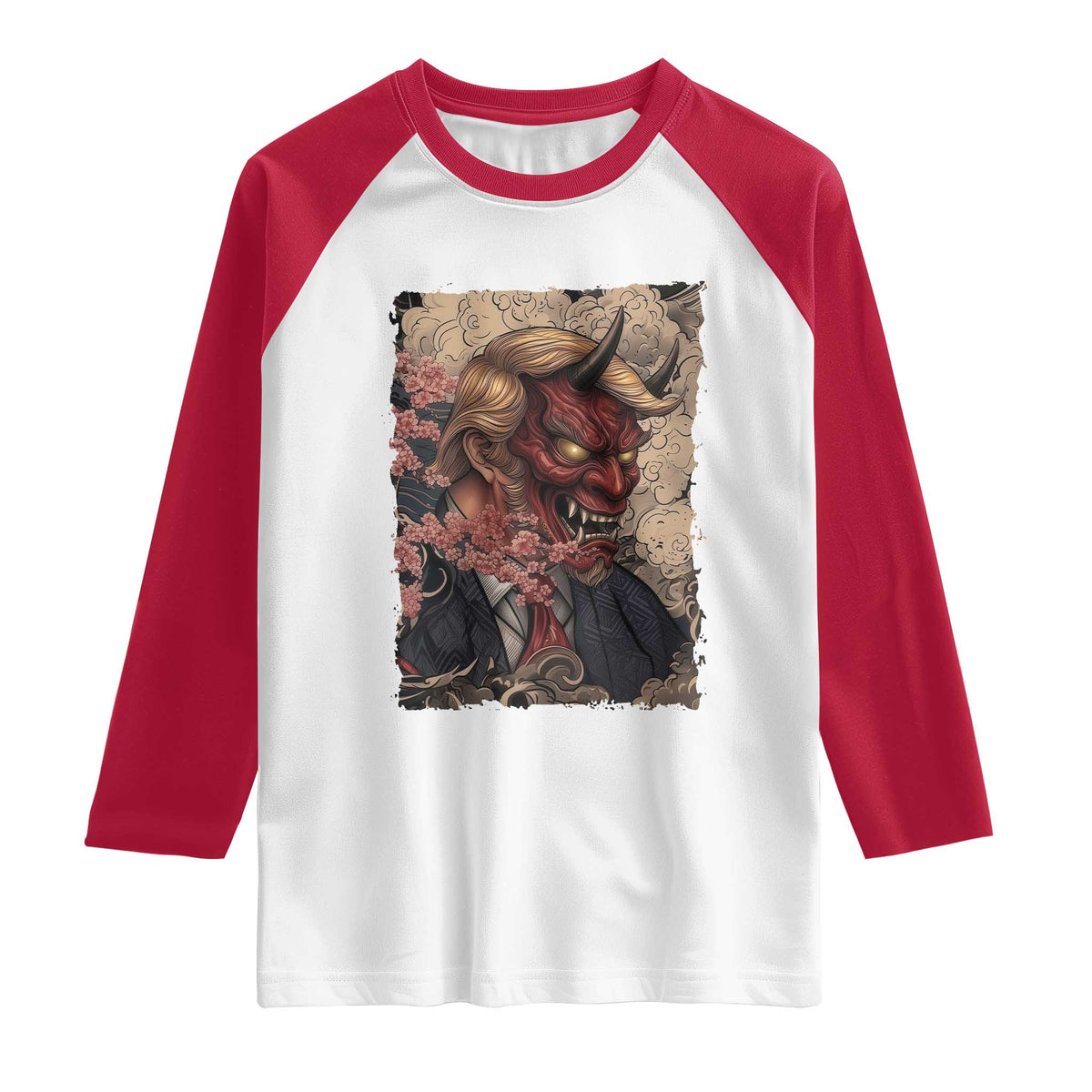 American Leader Oni Mask Japanese Ukiyoe Raglan Shirt Political Parody Graphic TS12 White Red Print Your Wear