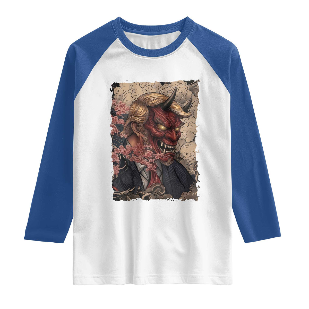 American Leader Oni Mask Japanese Ukiyoe Raglan Shirt Political Parody Graphic TS12 White Royal Print Your Wear