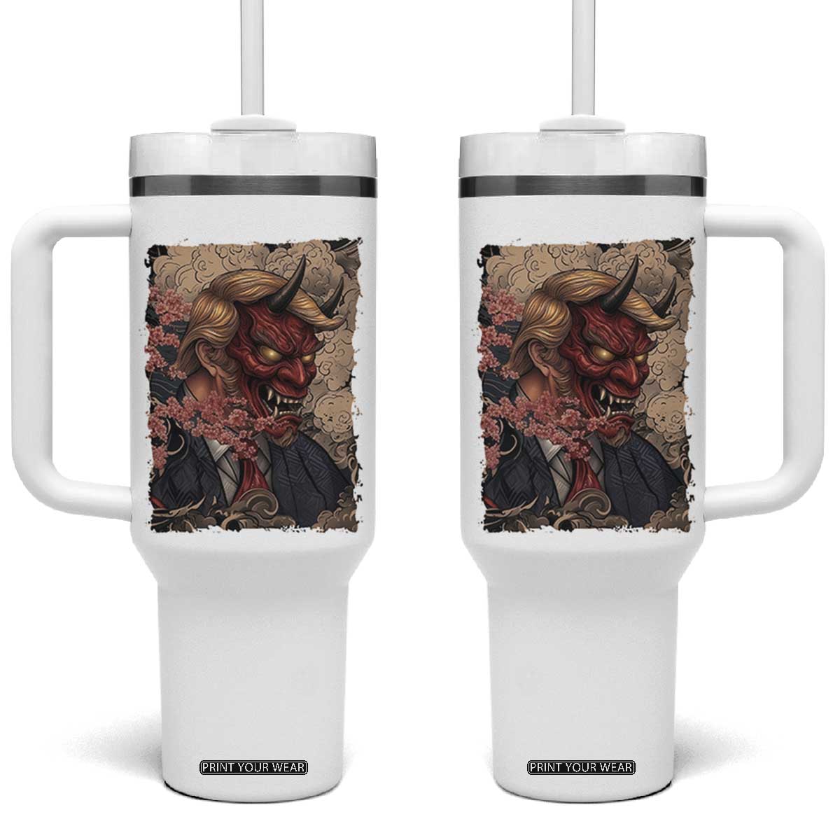 American Leader Oni Mask Japanese Ukiyoe Tumbler With Handle Political Parody Graphic TS12 One Size: 40 oz White Print Your Wear