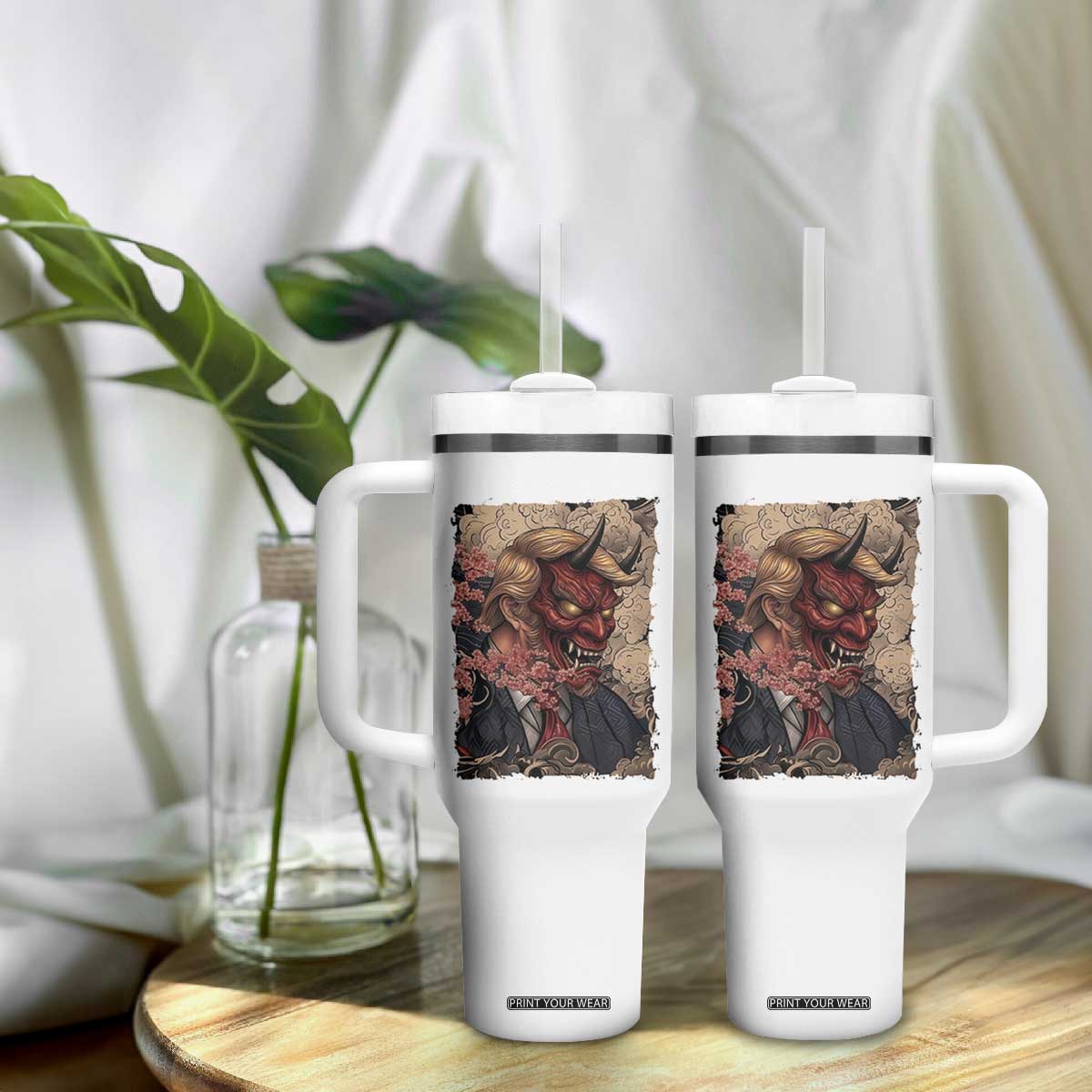 American Leader Oni Mask Japanese Ukiyoe Tumbler With Handle Political Parody Graphic TS12 Print Your Wear