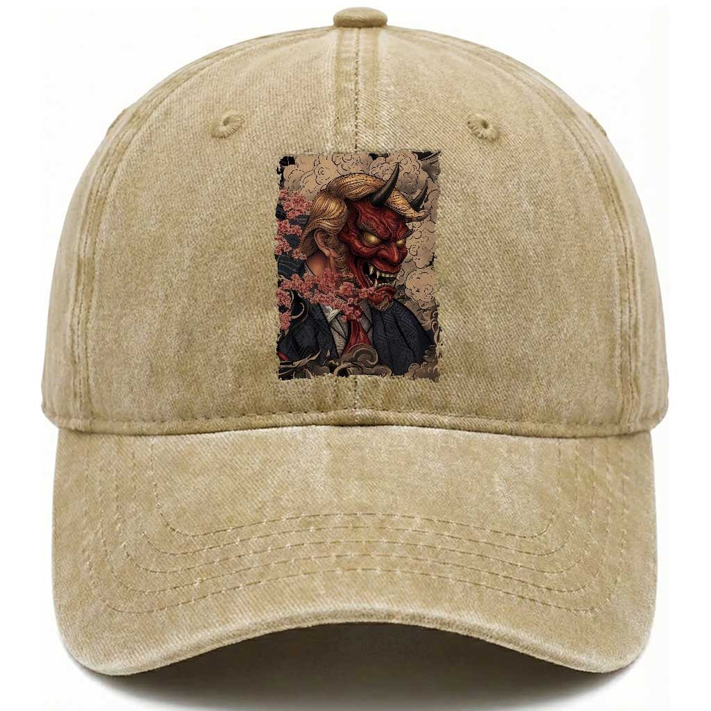 American Leader Oni Mask Japanese Ukiyoe Washed Cotton Baseball Cap Political Parody Graphic TS12 Print Your Wear