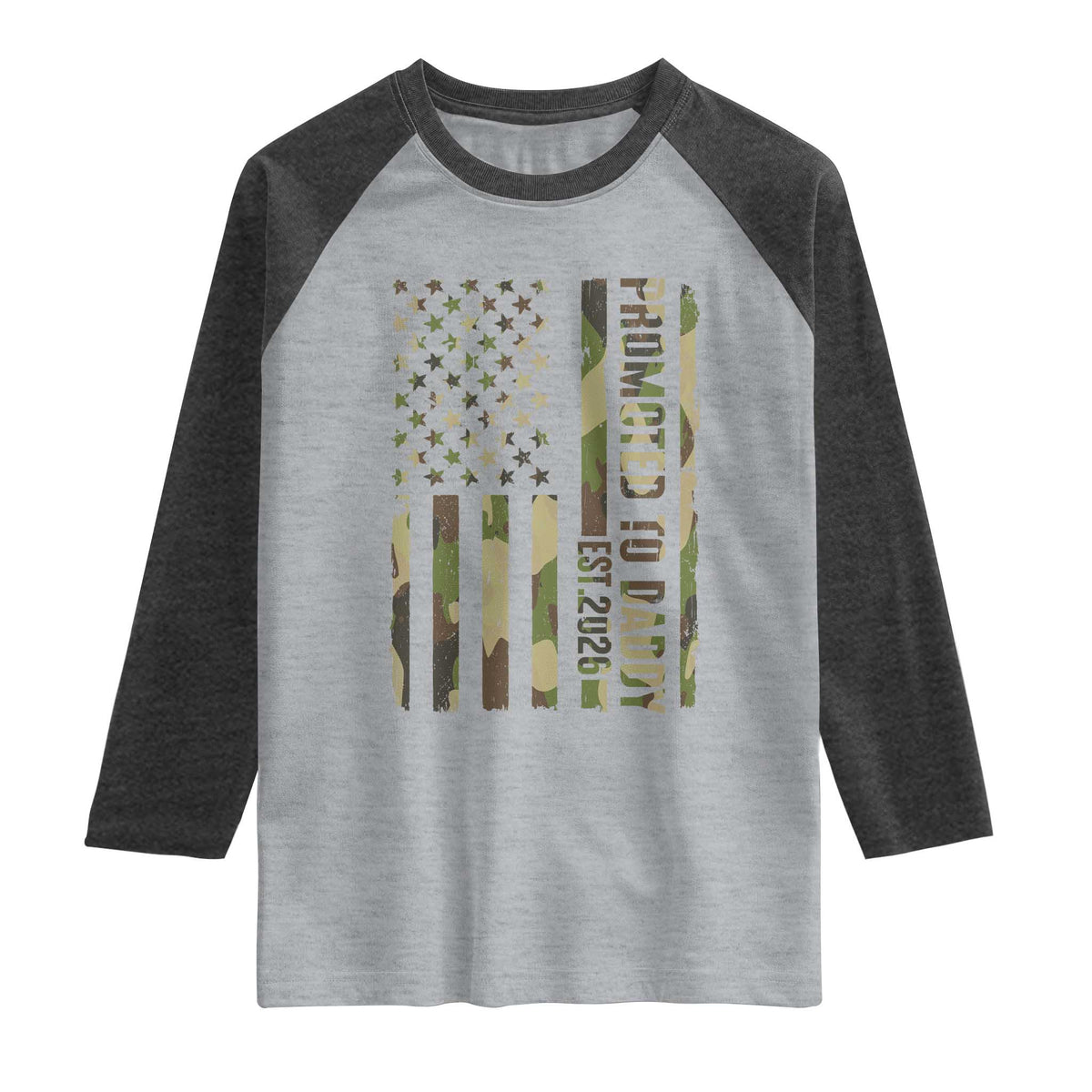 Camouflage Patriotic Dad 2026 Raglan Shirt USA Flag New Father Announcement TS12 Heather Gray Heather Charcoal Print Your Wear