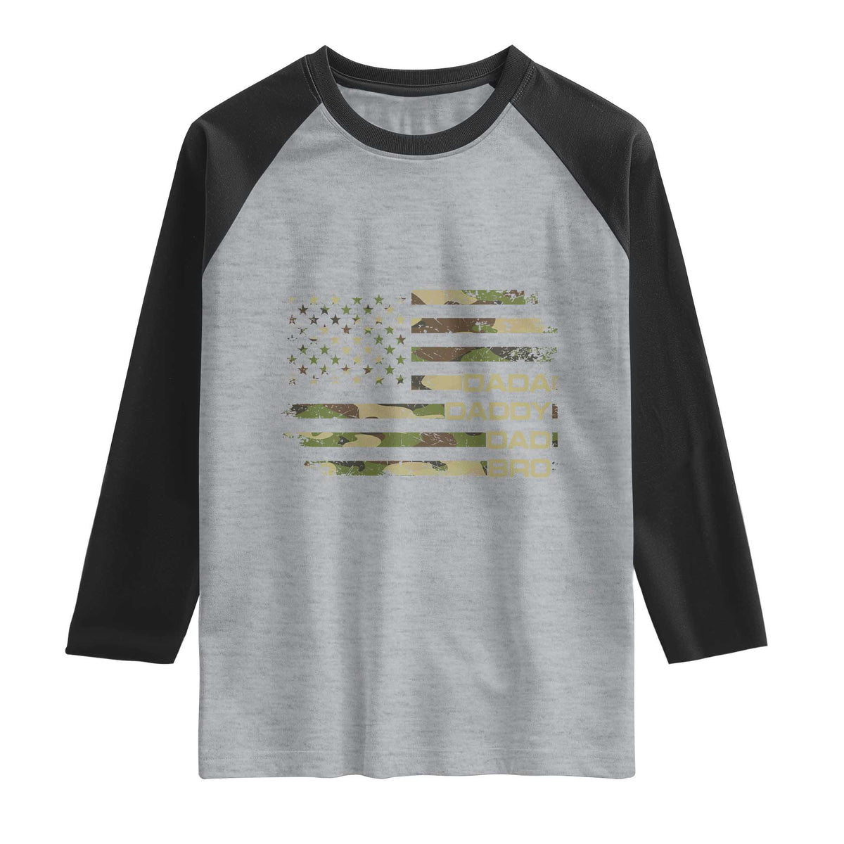 Dada Daddy Dad Bro Camo American Flag Raglan Shirt Patriotic Fathers Day Gift TS12 Heather Gray Black Print Your Wear