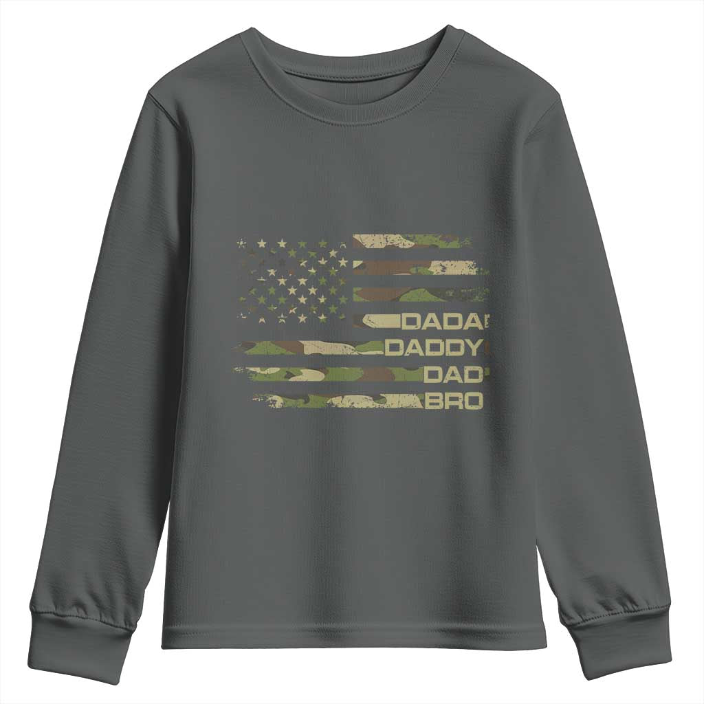 Dada Daddy Dad Bro Camo American Flag Youth Sweatshirt Patriotic Fathers Day Gift TS12 Dark Heather Print Your Wear