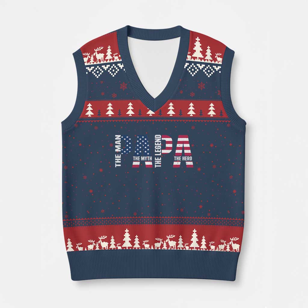 Vintage American Flag Papa The Man The Myth The Legend V-Neck Knit Sweater Vest Fathers Day Gift TS12 Navy Red Print Your Wear
