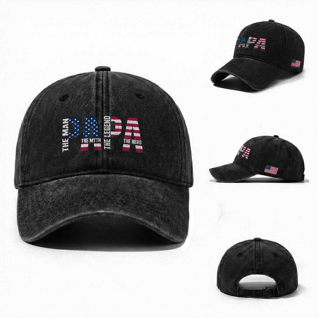 Vintage American Flag Papa The Man The Myth The Legend Washed Cotton Baseball Cap Fathers Day Gift TS12 Washed Cap Universal Fit Black Print Your Wear