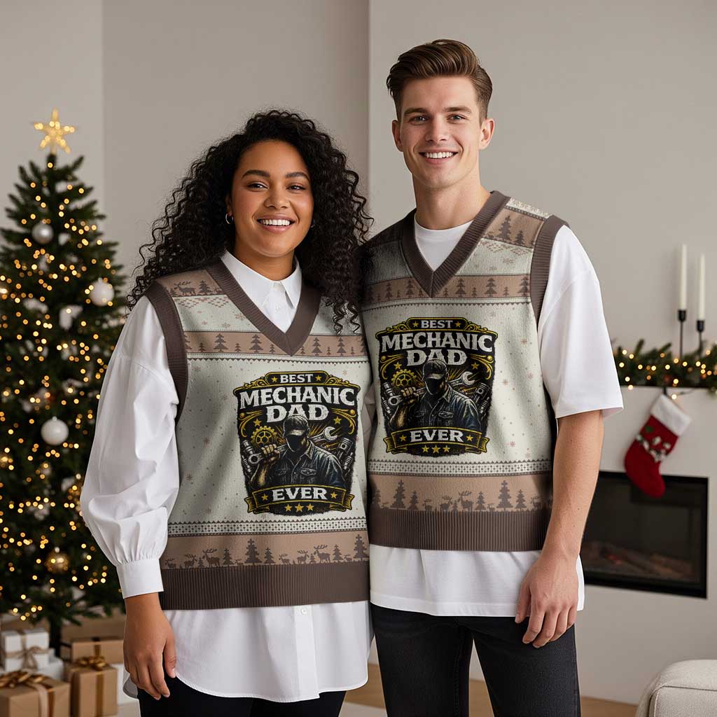 Best Mechanic Dad Ever V-Neck Knit Sweater Vest Auto Repair Fathers Day Graphic TS12 Mocha Mousse Print Your Wear