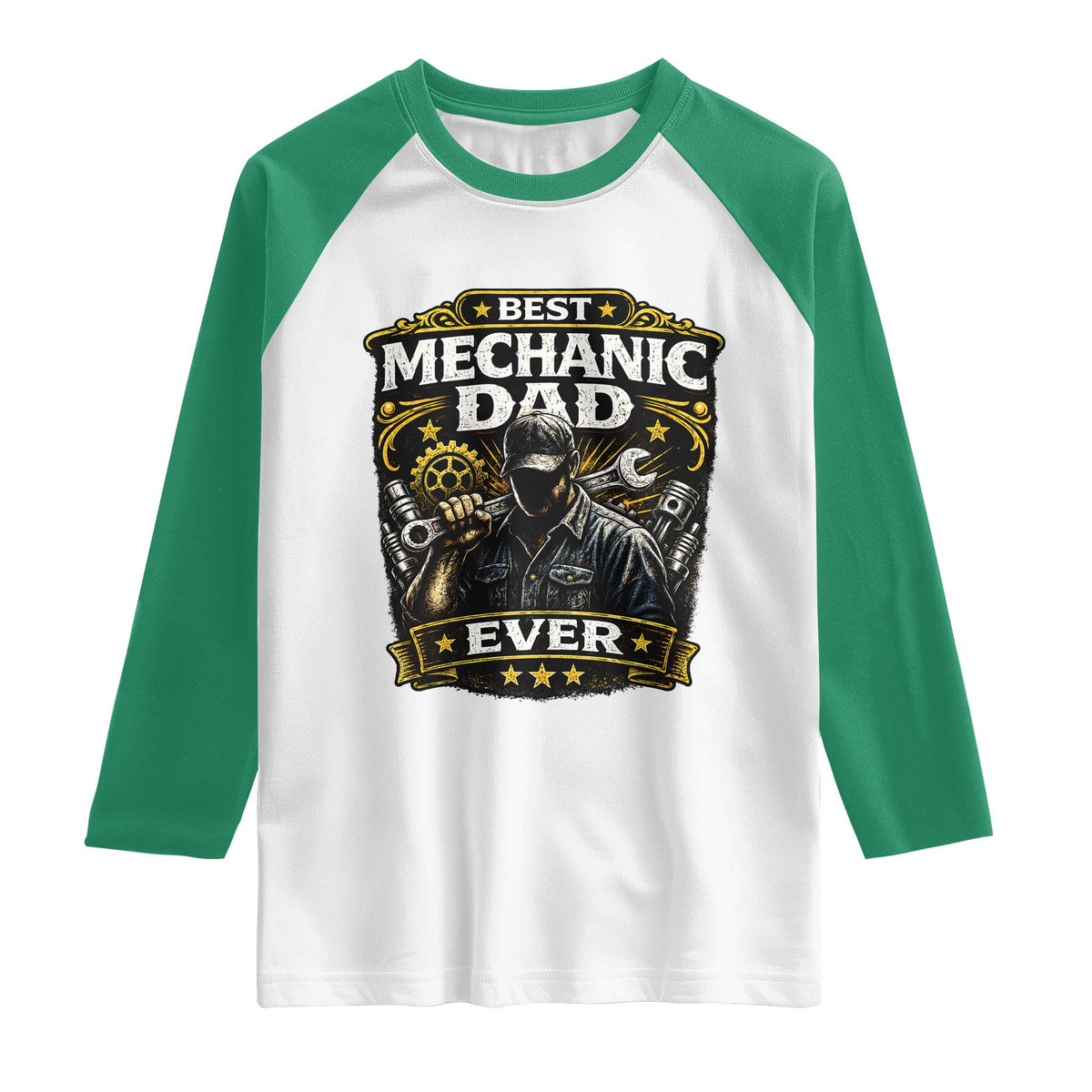 Best Mechanic Dad Ever Raglan Shirt Auto Repair Fathers Day Graphic TS12 White Kelly Green Print Your Wear