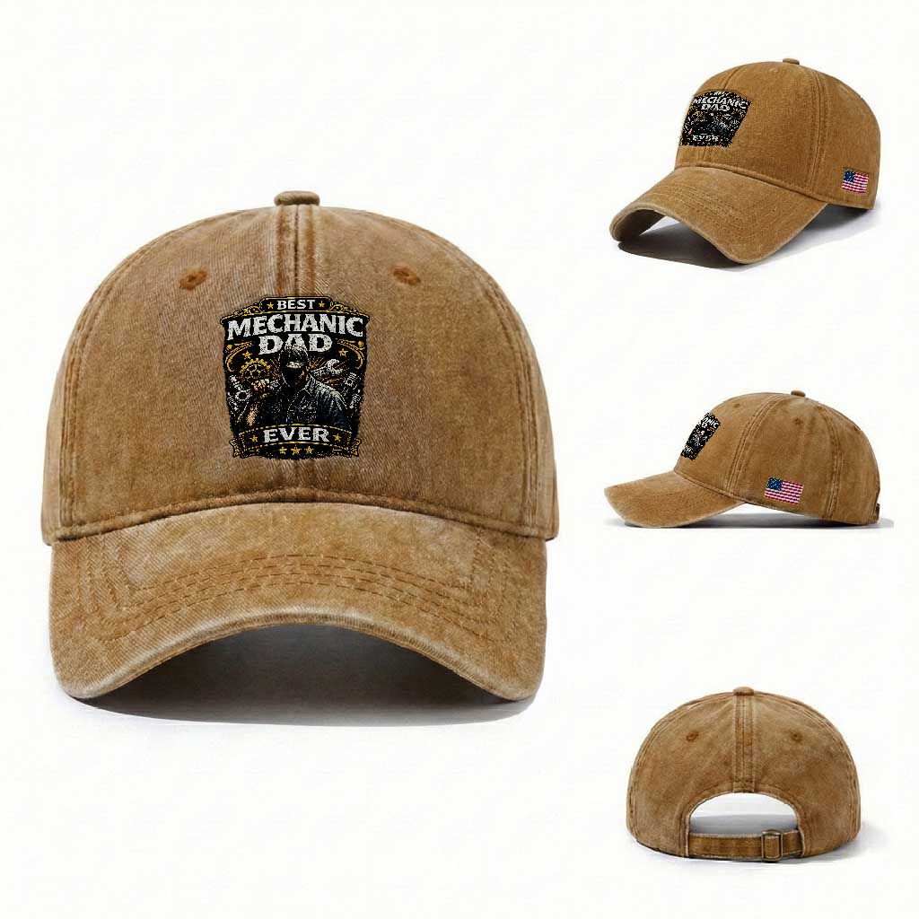 Best Mechanic Dad Ever Washed Cotton Baseball Cap Auto Repair Fathers Day Graphic TS12 Washed Cap Universal Fit Yellow Ochre Print Your Wear