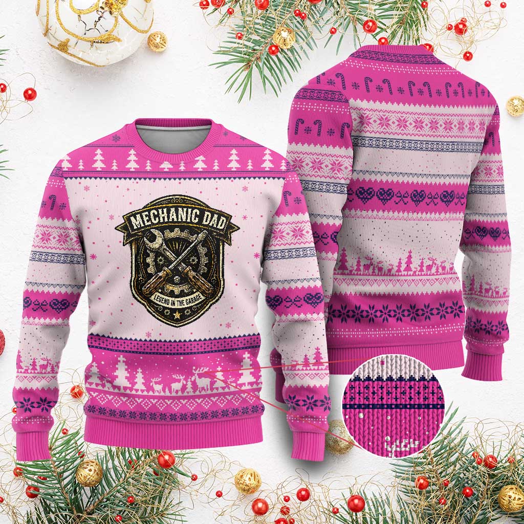 Mechanic Dad Legend In The Garage Ugly Christmas Sweater Funny Auto Repair Fathers Day Gift TS12 Hot Pink Print Your Wear