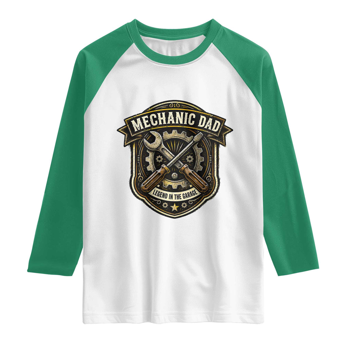 Mechanic Dad Legend In The Garage Raglan Shirt Funny Auto Repair Fathers Day Gift TS12 White Kelly Green Print Your Wear