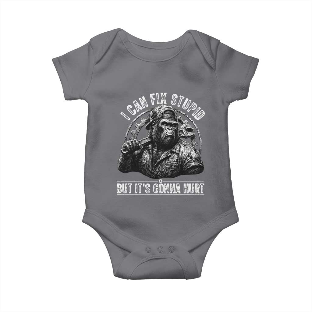 Funny Gorilla Mechanic Baby Onesie I Can Fix Stupid But Its Gonna Hurt TS12 Charcoal Print Your Wear