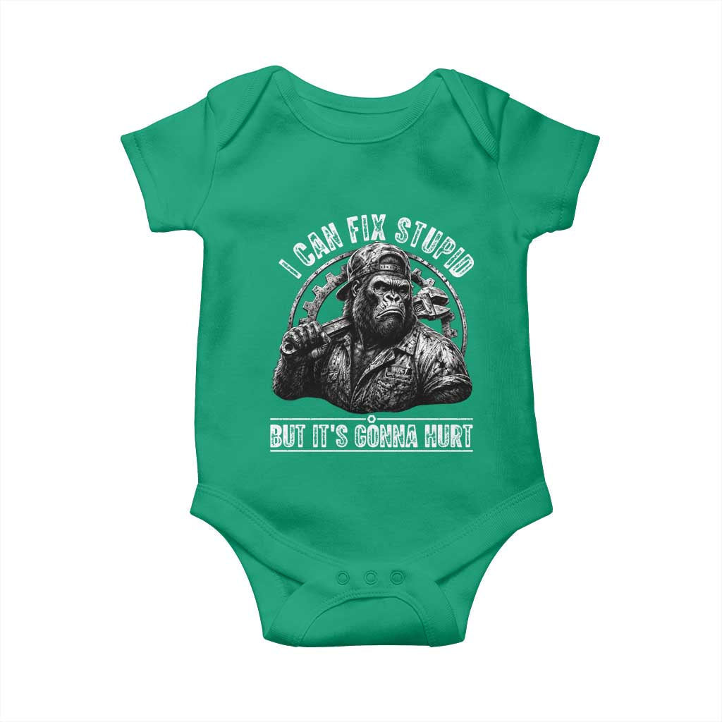 Funny Gorilla Mechanic Baby Onesie I Can Fix Stupid But Its Gonna Hurt TS12 Irish Green Print Your Wear