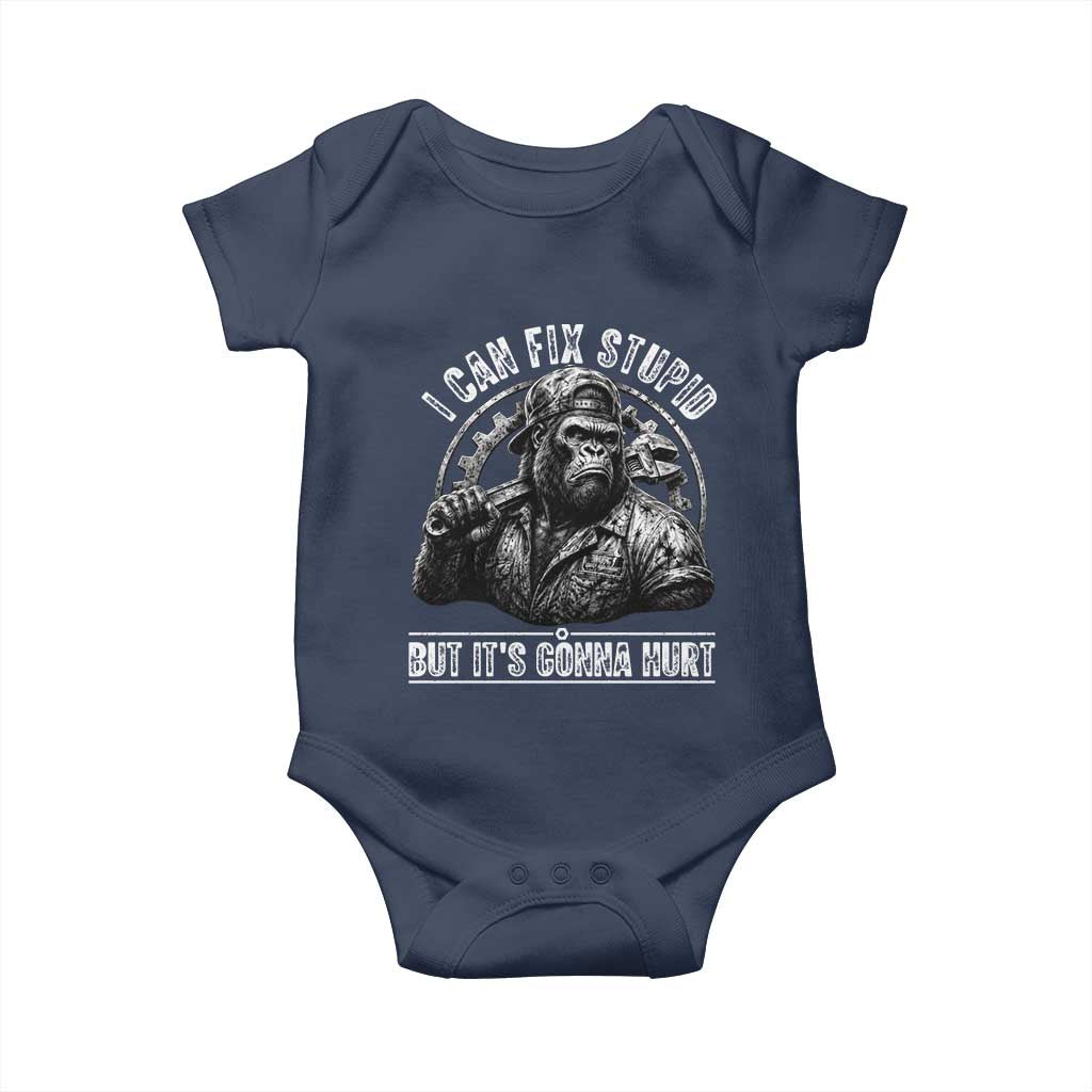 Funny Gorilla Mechanic Baby Onesie I Can Fix Stupid But Its Gonna Hurt TS12 Navy Print Your Wear