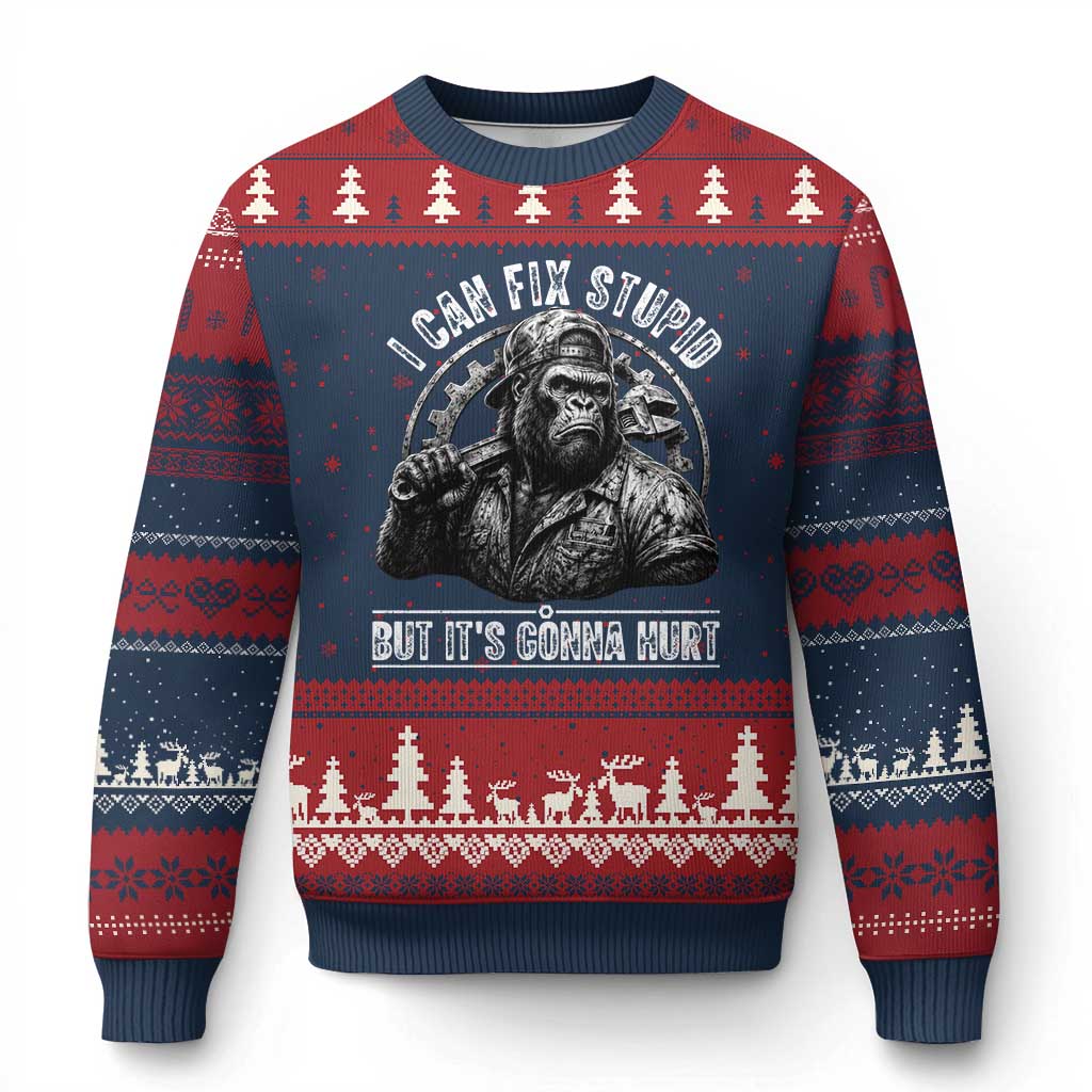 Funny Gorilla Mechanic Ugly Christmas Sweater I Can Fix Stupid But Its Gonna Hurt TS12 Navy Red Print Your Wear