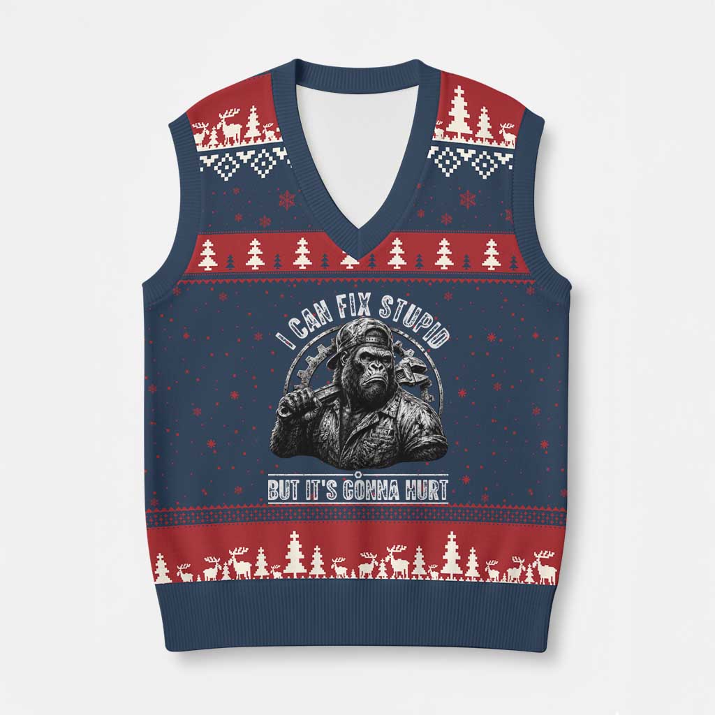 Funny Gorilla Mechanic V-Neck Knit Sweater Vest I Can Fix Stupid But Its Gonna Hurt TS12 Navy Red Print Your Wear