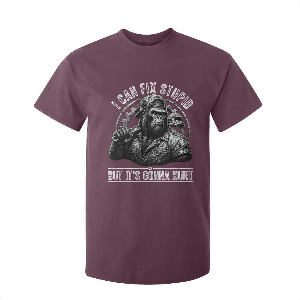 Funny Gorilla Mechanic T Shirt For Kid I Can Fix Stupid But Its Gonna Hurt TS12 Maroon Print Your Wear