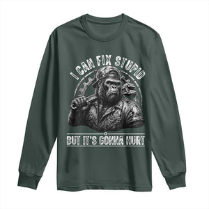 Funny Gorilla Mechanic Long Sleeve Shirt I Can Fix Stupid But Its Gonna Hurt TS12 Dark Forest Green Print Your Wear