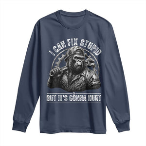 Funny Gorilla Mechanic Long Sleeve Shirt I Can Fix Stupid But Its Gonna Hurt TS12 Navy Print Your Wear