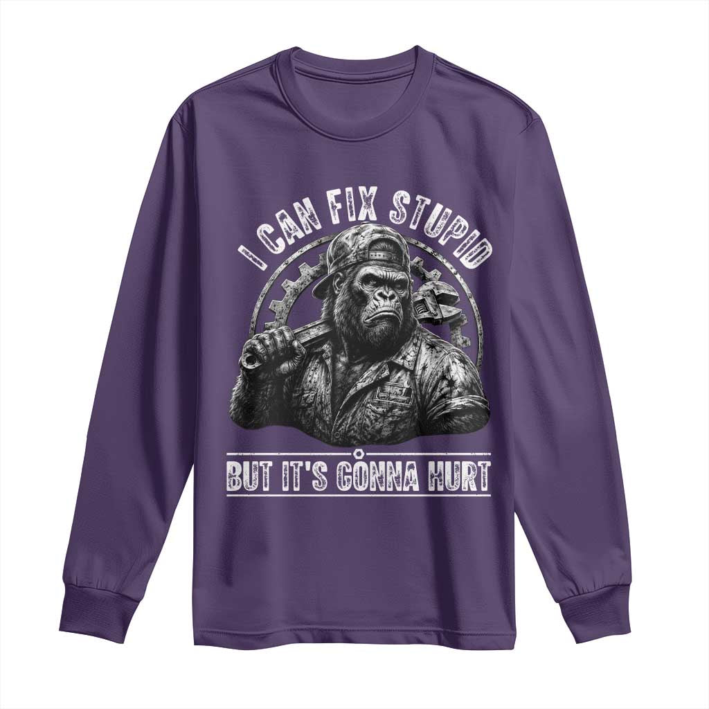 Funny Gorilla Mechanic Long Sleeve Shirt I Can Fix Stupid But Its Gonna Hurt TS12 Purple Print Your Wear