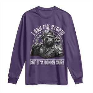 Funny Gorilla Mechanic Long Sleeve Shirt I Can Fix Stupid But Its Gonna Hurt TS12 Purple Print Your Wear