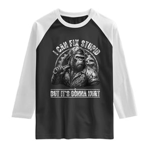 Funny Gorilla Mechanic Raglan Shirt I Can Fix Stupid But Its Gonna Hurt TS12 Black White Print Your Wear