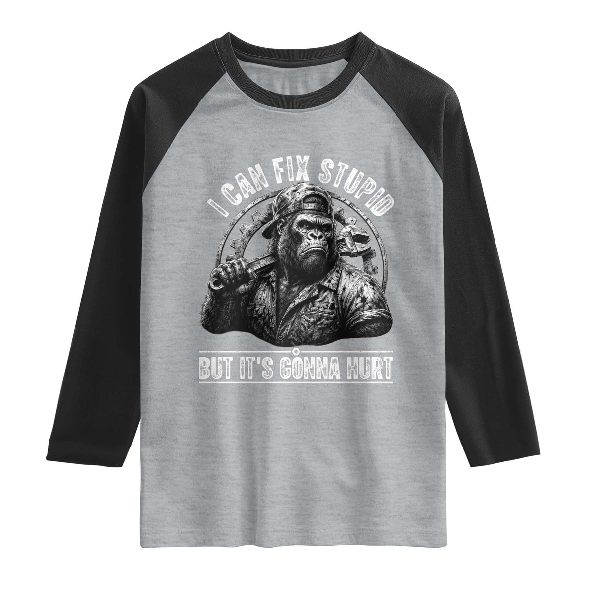Funny Gorilla Mechanic Raglan Shirt I Can Fix Stupid But Its Gonna Hurt TS12 Heather Gray Black Print Your Wear