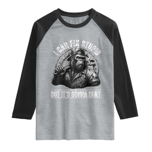 Funny Gorilla Mechanic Raglan Shirt I Can Fix Stupid But Its Gonna Hurt TS12 Heather Gray Black Print Your Wear