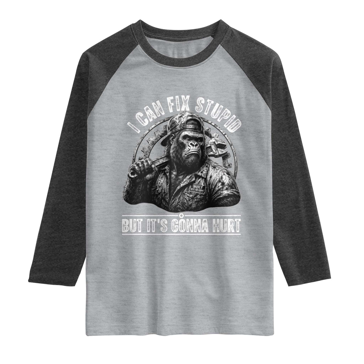 Funny Gorilla Mechanic Raglan Shirt I Can Fix Stupid But Its Gonna Hurt TS12 Heather Gray Heather Charcoal Print Your Wear