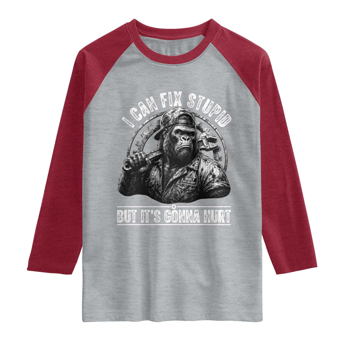Funny Gorilla Mechanic Raglan Shirt I Can Fix Stupid But Its Gonna Hurt TS12 Heather Gray Heather Red Print Your Wear