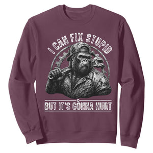 Funny Gorilla Mechanic Sweatshirt I Can Fix Stupid But Its Gonna Hurt TS12 Maroon Print Your Wear