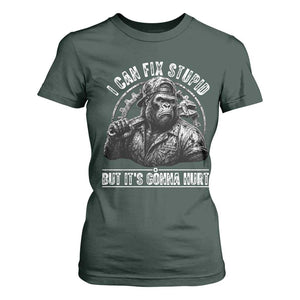 Funny Gorilla Mechanic T Shirt For Women I Can Fix Stupid But Its Gonna Hurt TS12 Dark Forest Green Print Your Wear