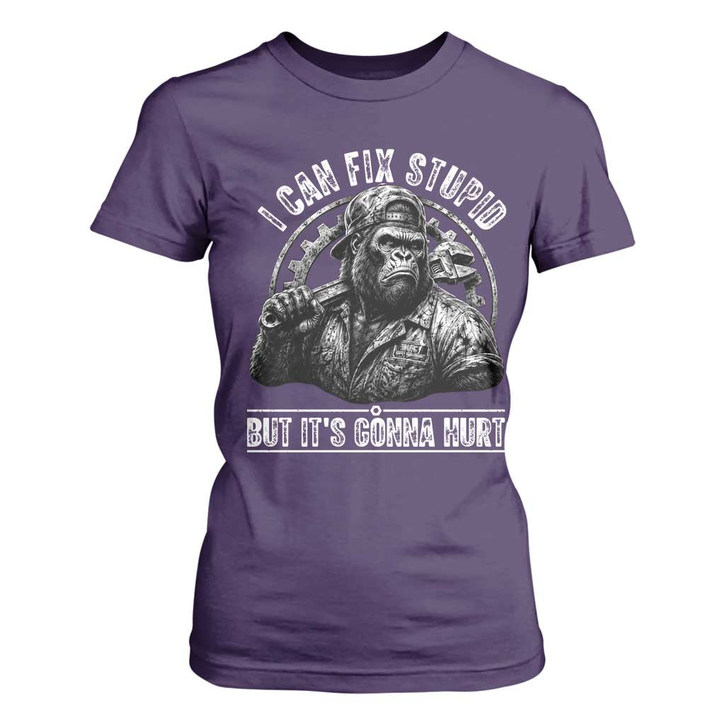 Funny Gorilla Mechanic T Shirt For Women I Can Fix Stupid But Its Gonna Hurt TS12 Purple Print Your Wear