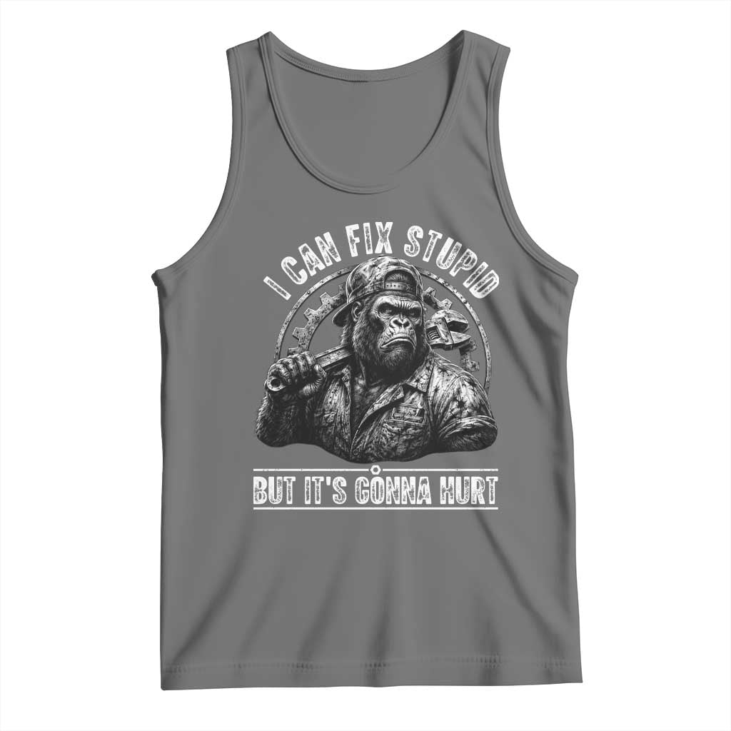 Funny Gorilla Mechanic Tank Top I Can Fix Stupid But Its Gonna Hurt TS12 Black Heather Print Your Wear