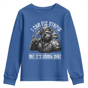Funny Gorilla Mechanic Youth Sweatshirt I Can Fix Stupid But Its Gonna Hurt TS12 Royal Blue Print Your Wear