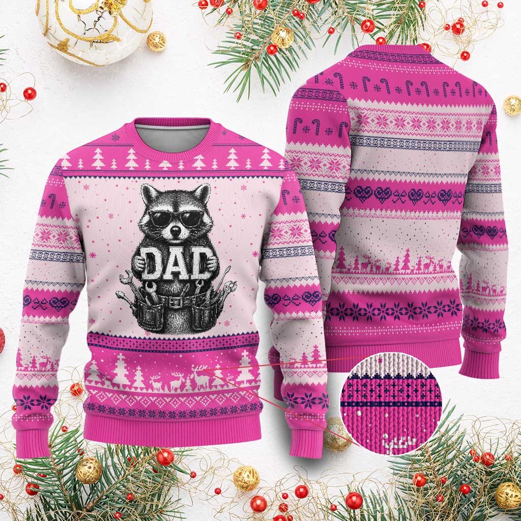 Funny Raccoon Dad Mechanic Ugly Christmas Sweater Trash Panda Fathers Day Gift TS12 Hot Pink Print Your Wear