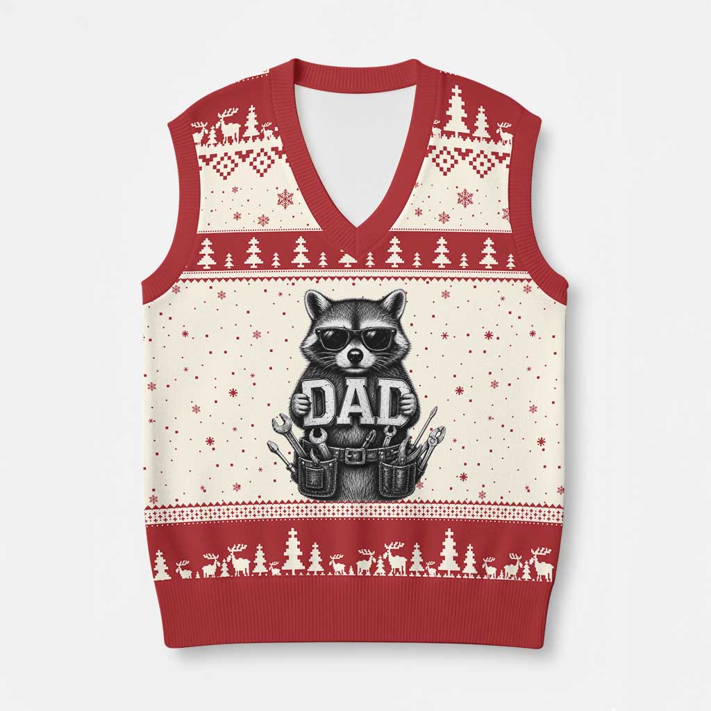Funny Raccoon Dad Mechanic V-Neck Knit Sweater Vest Trash Panda Fathers Day Gift TS12 Beige Red Print Your Wear
