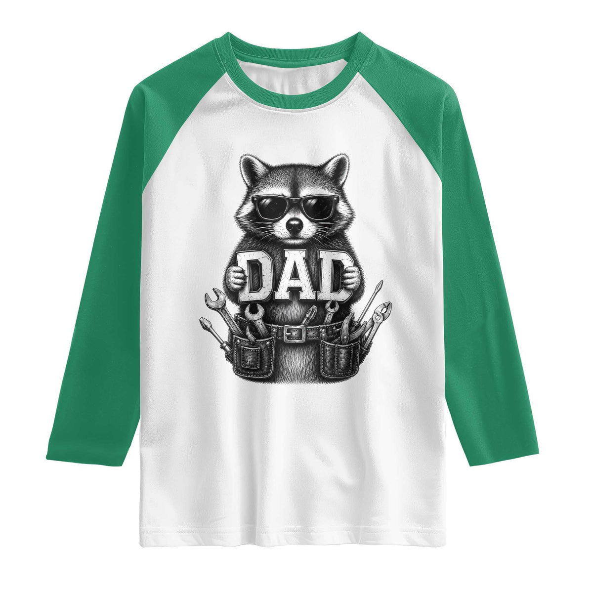 Funny Raccoon Dad Mechanic Raglan Shirt Trash Panda Fathers Day Gift TS12 White Kelly Green Print Your Wear