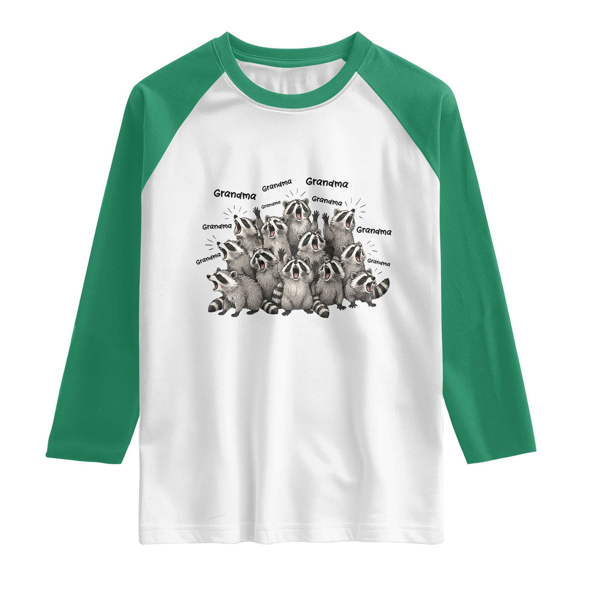 Funny Raccoon Grandma Raglan Shirt Grandmother Chaos Trash Panda TS12 White Kelly Green Print Your Wear