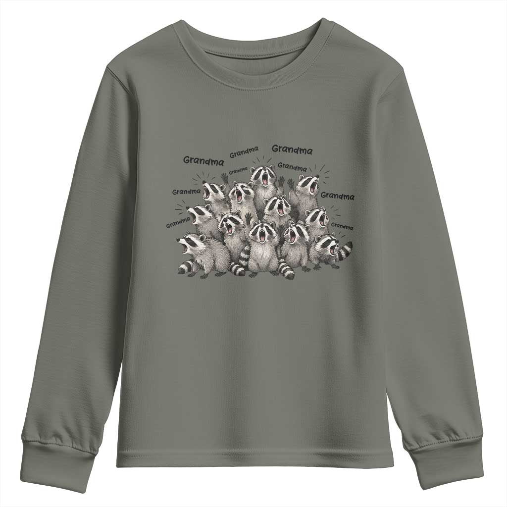 Funny Raccoon Grandma Youth Sweatshirt Grandmother Chaos Trash Panda TS12 Military Green Print Your Wear