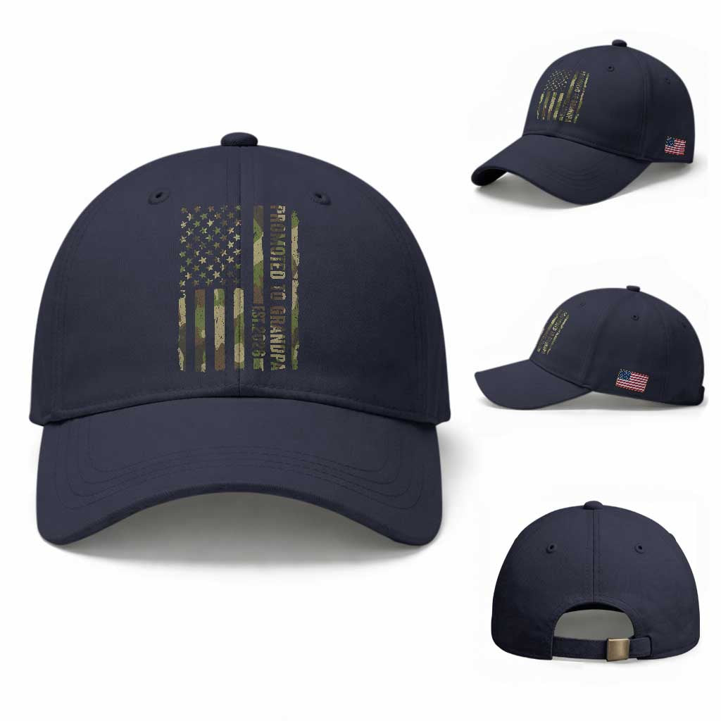 Promoted To Grandpa Est 2026 Patriotic American Flag Camo Baseball Cap TS12 Baseball Cap Universal Fit Navy Print Your Wear