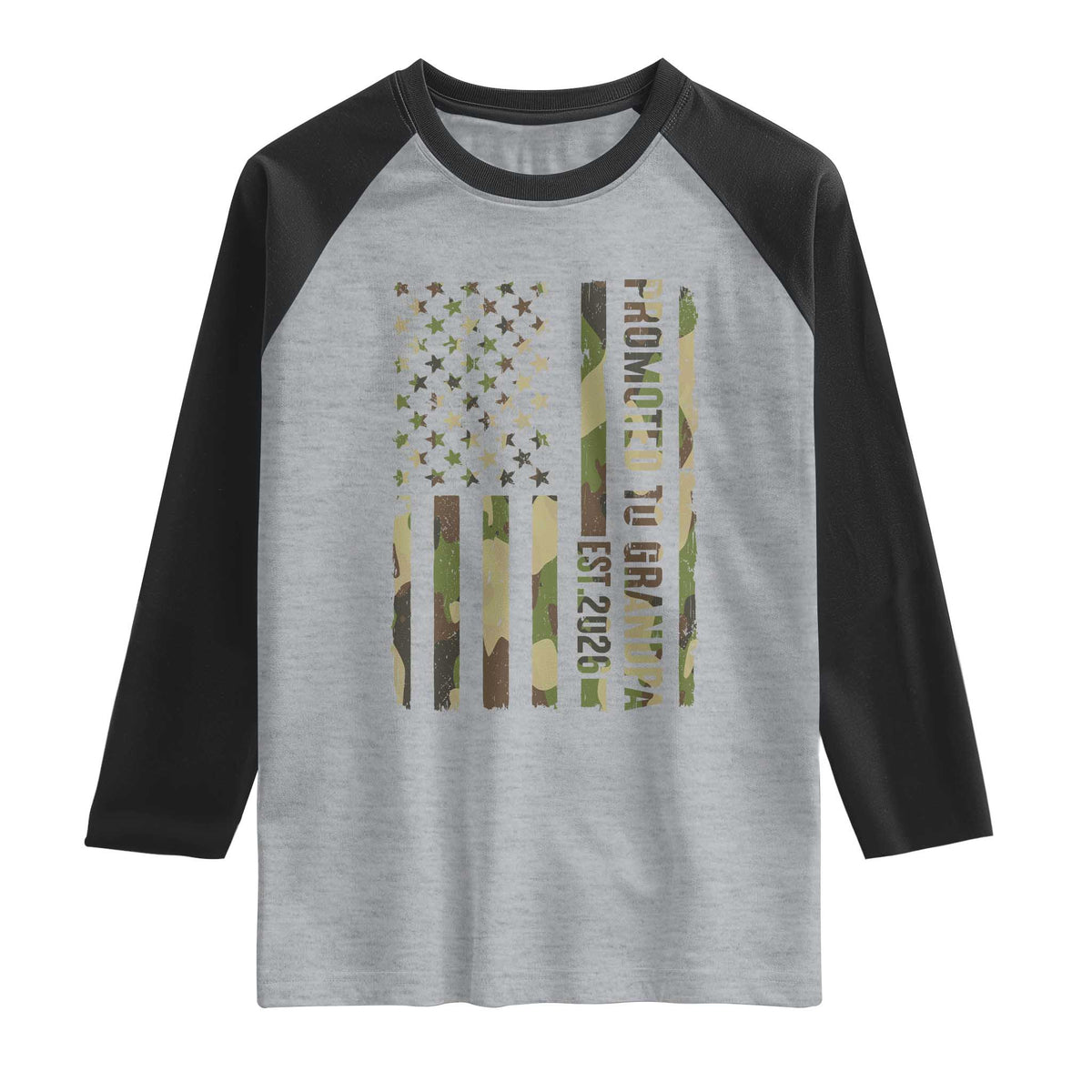 Promoted To Grandpa Est 2026 Patriotic American Flag Camo Raglan Shirt TS12 Heather Gray Black Print Your Wear