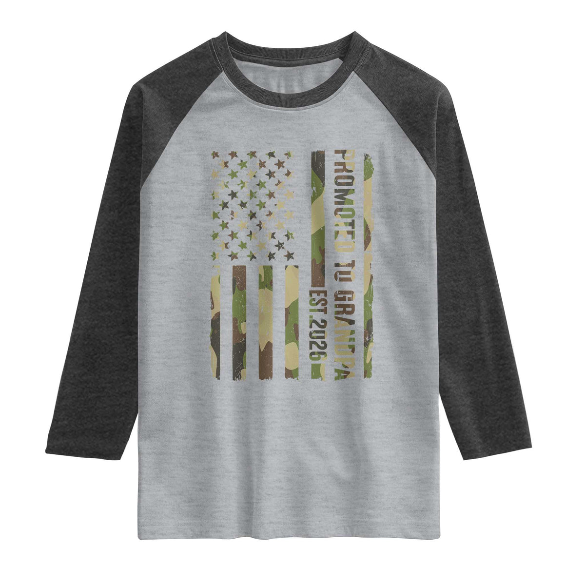 Promoted To Grandpa Est 2026 Patriotic American Flag Camo Raglan Shirt TS12 Heather Gray Heather Charcoal Print Your Wear