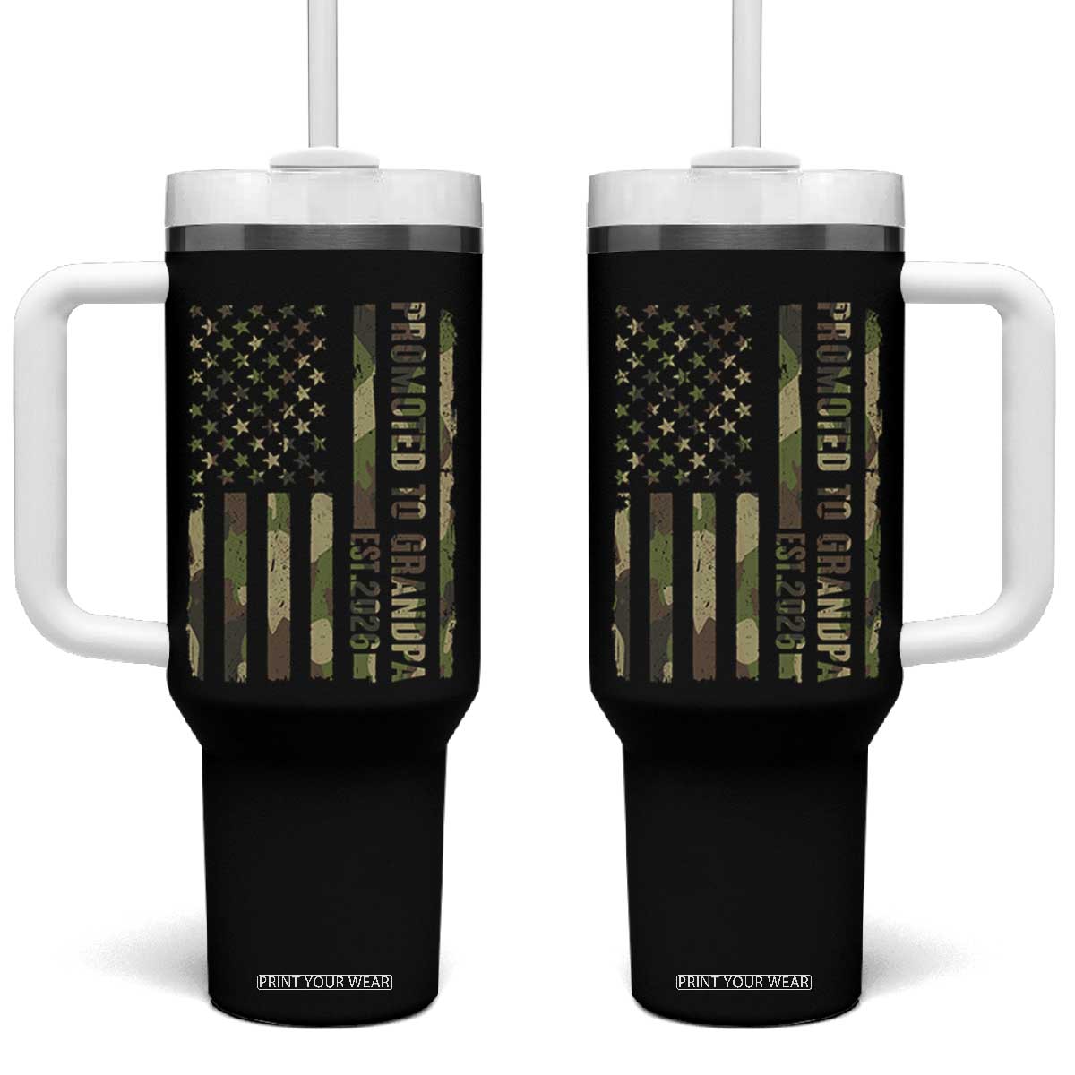 Promoted To Grandpa Est 2026 Patriotic American Flag Camo Tumbler With Handle TS12 One Size: 40 oz Black Print Your Wear