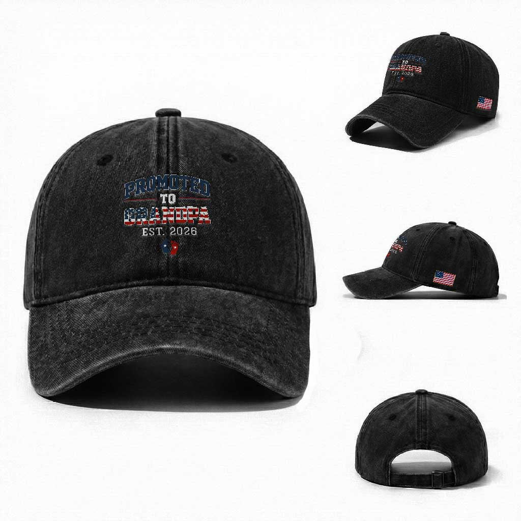 Patriotic Promoted To Grandpa Est 2026 Washed Cotton Baseball Cap US Flag New Father Gift TS12 Washed Cap Universal Fit Black Print Your Wear